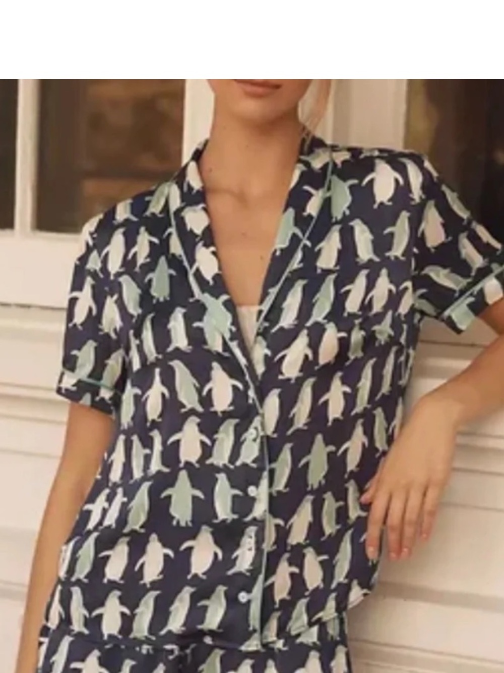 Anthropologie Navy, Mint & White Penguin-Print Short Sleeve Pajama top only